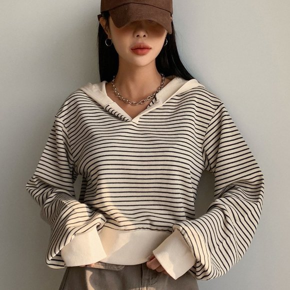 Brown Casual Womens Striped Drop Shoulder Sweatshirt - Picture 5 of 5